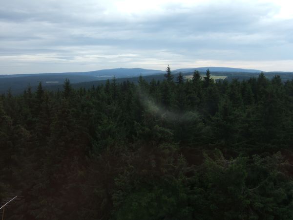 Blick vom Plattenberg auf Fichtelberg (linker Berg mit Turm, 1214 m) und Keilberg (rechter Berg mit Turm, 1244 m)